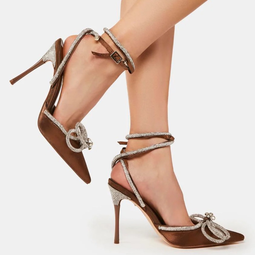 Metallic ankle-wrap Stiletto heels Crystal-embellished Bow detail Chocolate 9W - Picture 14 of 14